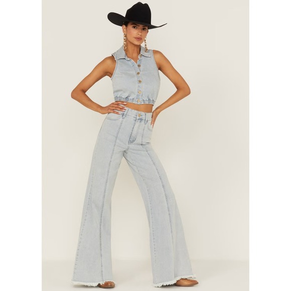 Show Me Your MuMu Denim - SHOW ME YOUR MUMU Sz 27 Ashbury Glacier Blue Denim Wide Leg Jeans Western Boho